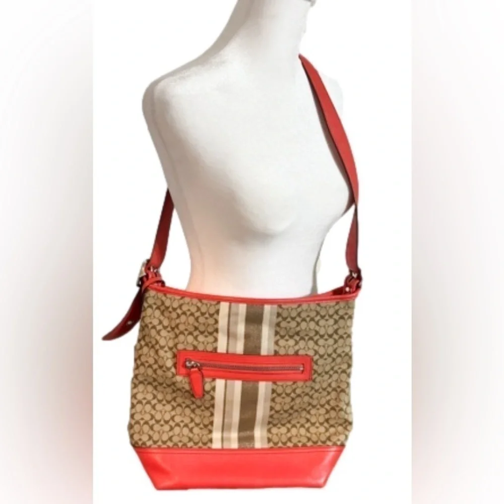 COACH Legacy Signature Stripe Shoulder Bag Purse Orange Tan Monogram Logo